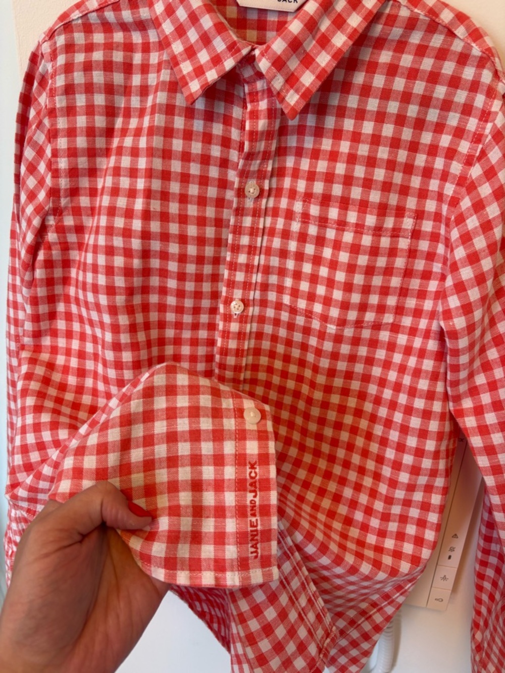 JANIE AND JACK Boys Gingham Button Down Long Sleeve Shirt Salmon/Pink Size 8 - Picture 5 of 11